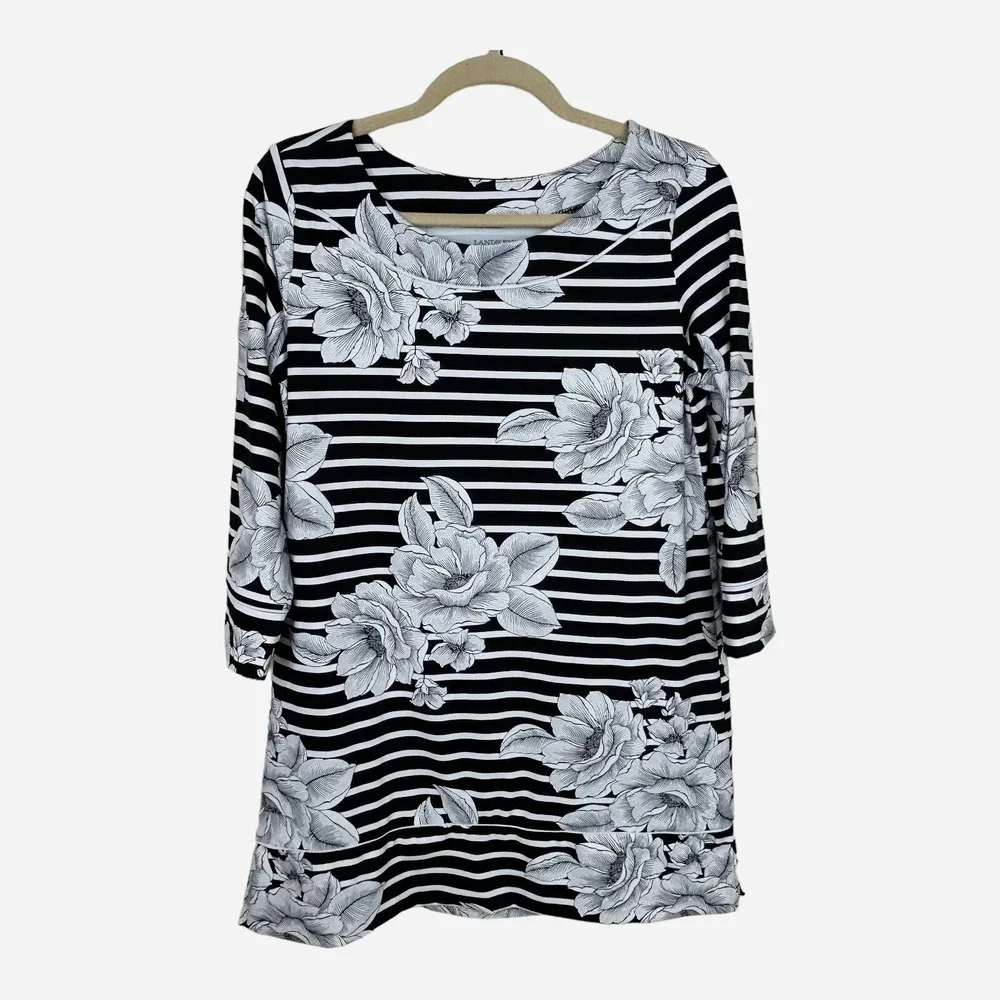 Lands' End Women's Swim Cover-Up M 10 - 12 Black White Floral Beach Sunblock NEW